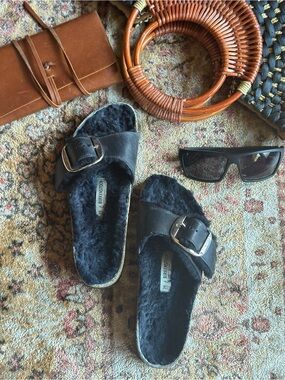 Birkenstock Black Shearling Sherpa Single-Buckle Slide